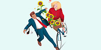 Illustration eines Mannes im Anzug, der mit einer Fahrradfahrerin kollidiert, die Sonnenblumen dabei hat.