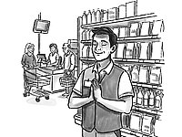 Ein Mann steht im Lebensmittelladen, hat die Augen geschlossen, lächelt und hat die Hände gefaltet.