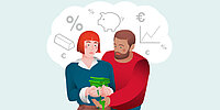Illustration eines besorgt wirkenden Paares, das gemeinsam einen Stapel Geldscheine in den Händen hält. Im Hintergrund sind Symbole wie Prozentzeichen, Sparschwein, Eurozeichen und ein Diagramm zu sehen, die finanzielle Themen oder wirtschaftlichen Druck darstellen.