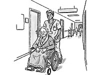 Ein junger Mann schiebt einen älteren Mann im Rollstuhl.