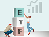 Illustration zum Thema Erwerbstätigkeit: Eine Frau stapelt Würfel mit den Buchstaben E, T und F zu einem Turm. Im Hintergrund ist ein ansteigendes Balkendiagramm zu sehen, während eine weitere Person den Turm beobachtet.