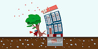 Illustration eines schiefstehenden Hauses neben einem Baum, dessen Wurzeln sichtbar sind. Unter der Erde ist ein Kellerraum mit eindringendem Wasser und einem beschädigten Möbelstück zu sehen. Die Szene deutet auf Schäden am Gebäude, etwa durch Wasser oder Bodenprobleme, hin.