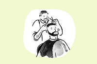 Illustration, die zeigt wie ein Friseur jemanden die Haare schneidet.