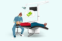 Illustration einer Zahnbehandlung: Eine Zahnärztin mit Mundschutz behandelt eine Person, die auf einem Behandlungsstuhl liegt. Über der Szene ist eine Gedankenblase mit einem Geldschein zu sehen, die auf Kosten oder Bezahlung der Behandlung anspielt.