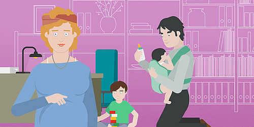 Schwangere Frau, Kind und Mann mit Baby in einer Trage
