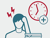 Illustration einer erschöpften Person mit gesenktem Kopf, neben ihr ein Stapel von Papierstapeln. Über dem Kopf sind Blitzsymbole als Zeichen von Stress zu sehen. Daneben eine Uhr mit Pluszeichen als Symbol für zusätzliche Arbeitszeit. Rechts steht der Text: „Viele leisten Überstunden. Jeder zweite Beschäftigte leistet regelmäßig Überstunden, jeder Fünfte mehr als drei pro Woche.“