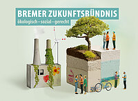Menschen, Kraftwerk und ein Baum symbolisieren die sozial-ökologische Transformation, darüber der Titel "Bremer Zukunftsbündnis - ökologisch, sozial, gerecht"