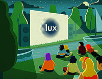 Illustration: Menschen sitzen auf dem Gras vor einer Leinwand mit der Aufschrift lux