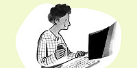Illustration einer Frau am PC, die etwas isst.