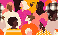 Stilisierte Illustration mehrerer Frauen mit unterschiedlichen Hauttönen, Frisuren und Kleidungsstilen, die nebeneinander stehen. 