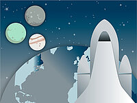 Eine Rakete und Planeten