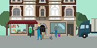 Illustration einer Straßenansicht mit verschiedenen Berufen: Vor einem Wohn- und Geschäftshaus verkauft eine Person Lebensmittel im Laden, ein Zusteller trägt Pakete, eine Reinigungskraft putzt ein Schaufenster und ein Lieferwagen steht am Straßenrand.