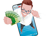 Grafik: Im Hintergrund ein Smartphone, vorne ein Mann mit mehreren 100 Euro-Scheinen in der Hand.