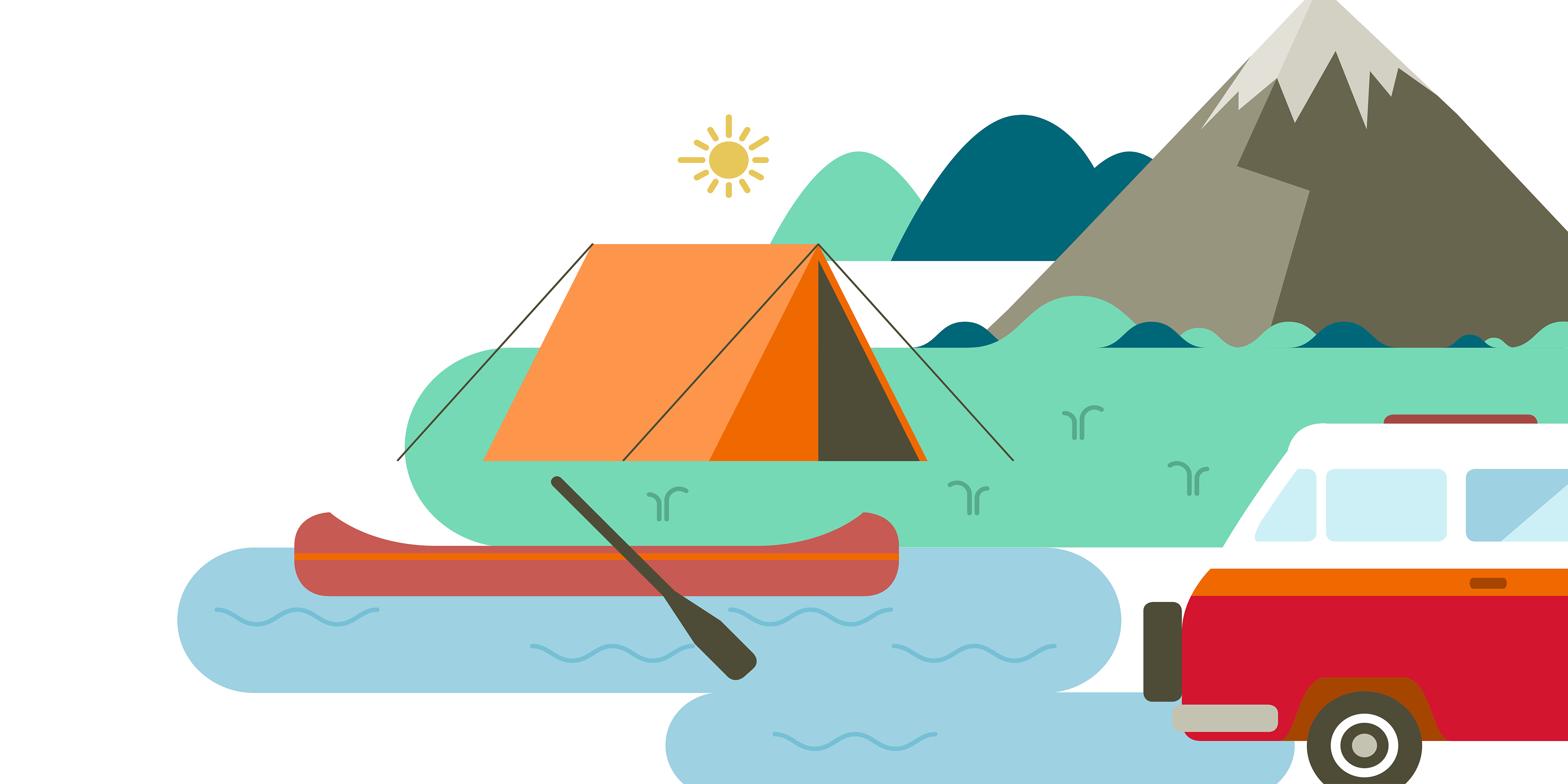 Illustrationen eines Zeltes, eines Kanus im Fluss, eines Berges